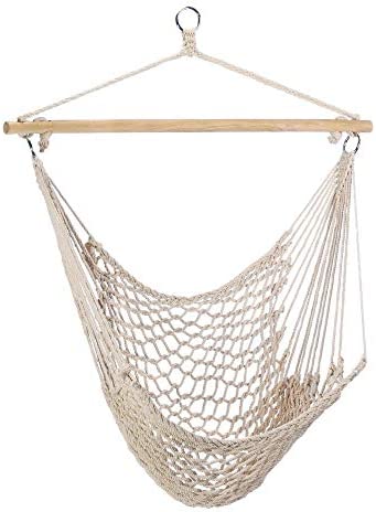 Square-Villa | Porch – Patio – Tree Swinging Hanging Hammock Chair | Spun Cotton Netting – Wood Spreader Rod – Metal Hanging Loop