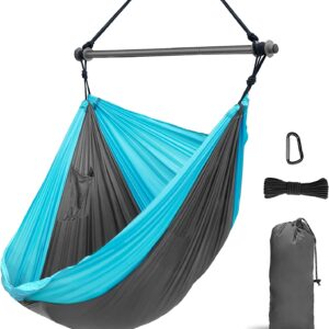 Hammock Chair, Portable Large Hanging Rope Swing – Lightweight Nylon Parachute -Max 500 Lbs – Detachable Metal Support Bar Hammock Chair Swing for Outdoor, Indoor, Backpacking, Camp, Beach Patio, Lawn & Garden