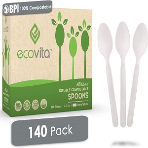 100% Compostable Spoons – 140 Large Disposable Utensils (6.3 in.) Eco Friendly Durable and Heat Resistant