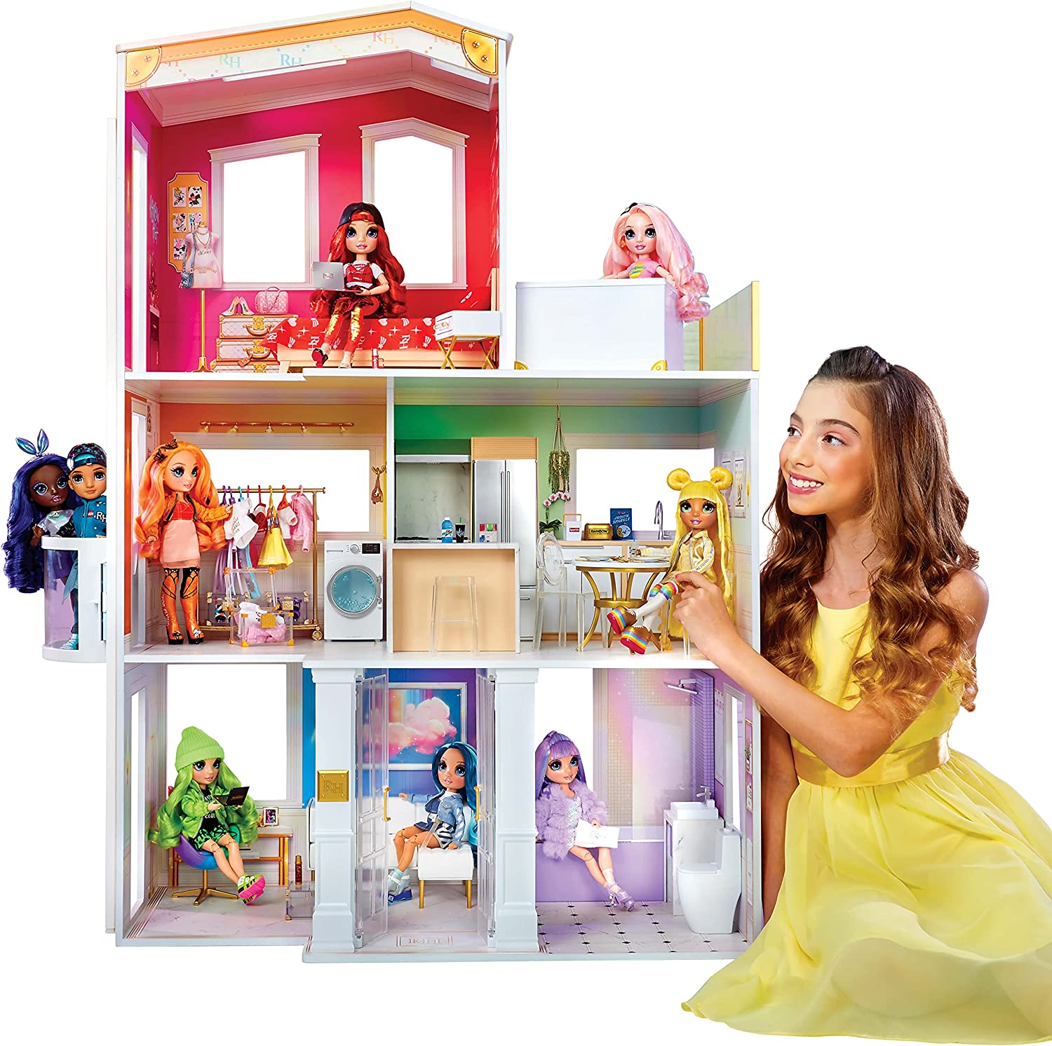 Rainbow High House 3-Story Wood Doll House (4-Ft Tall & 3-Ft Wide), Fully Furnished Fashion Dollhouse, Working Hot Tub, Shower, Elevator, 50+ Accessories, Gift Toy for Kids Ages 6 7 8+ to 12 Years Toys & Games