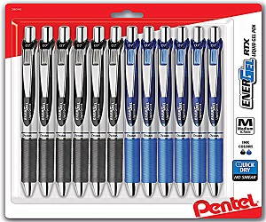 Pentel EnerGel 0.7 mm RTX Retractable Liquid Gel Pen, Bulk Combo Pack of 6 BLACK INK & 6 BLUE INK metal